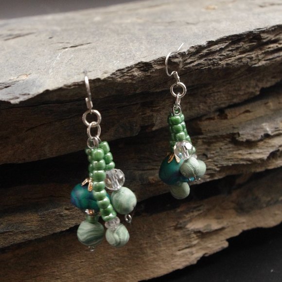 Dangling Cluster Ocean Beaded Earrings with Handmade Beads and Pearls - OOAK - Picture 7 of 10